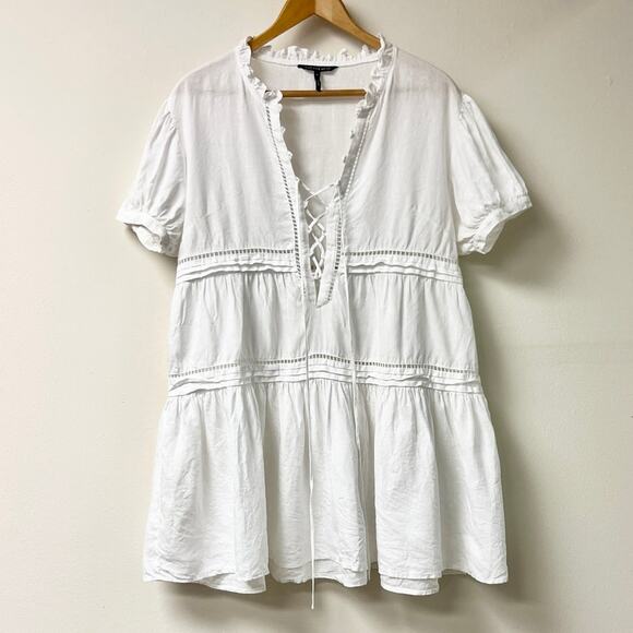 Marissa Webb Quincy 100% Linen Puff Sleeve Tie-Front Mini Dress White Women's M - Picture 3 of 6